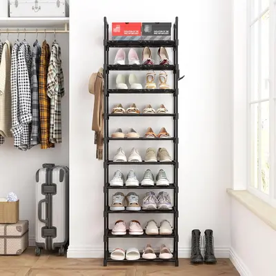 【Summergarden】MOMOK 10-Tiers Shoe Rack Tall Large Capacity 20-24 Pairs Wide Shoe Organizer Sturdy Shoe Shelf for Entryway with Two Hooks Metal Shoe Storage for Closet, Bedroom, Black