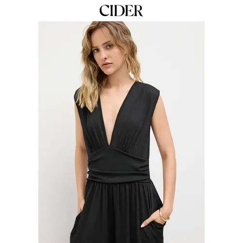 Cider V-neck Ruched Solid Wide Leg Jumpsuit