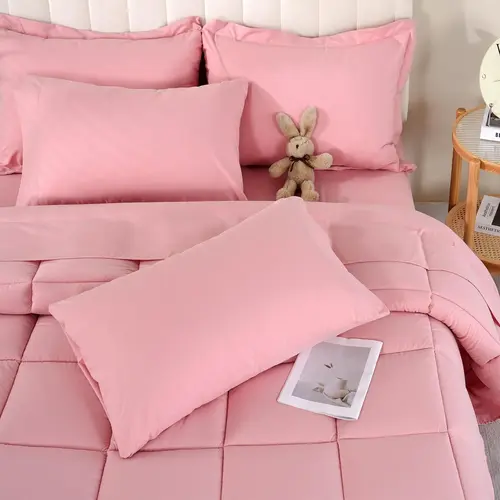 【Deals for You Days】DOWNCOOL 7Pcs Comforter Sets, Multi-color Bedding Sets , All Season Down Alternative Bedding Comforter Sets with Comforter, Flat Sheet, Fitted Sheet, 2 Pillow Shams & 2 Pillowcases, Pink Bedroom Accessories#tiktokshopmemorialday