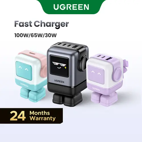 UGREEN Uno Robot GaN Super Fast Charging Electronic Travel Charger Block - US Plug 3/4-Port USB-C (100W/65W/30W) PPS PD3.0 Type C Portable Mobile/Smartphone Charger, 24-Month Support, for iPhone 17-14 Pro Max, MacBook Air