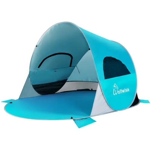 WolfWise UPF 50+ Easy Pop Up 3-4 Person Beach Tent - Travel Size, Stable Galvanized Steel Frame, Large Entrance, Double Pull Sliders, Portable Sand Pockets, High Density Mesh Windows, Outdoor Sports Sun Shelter Canopy