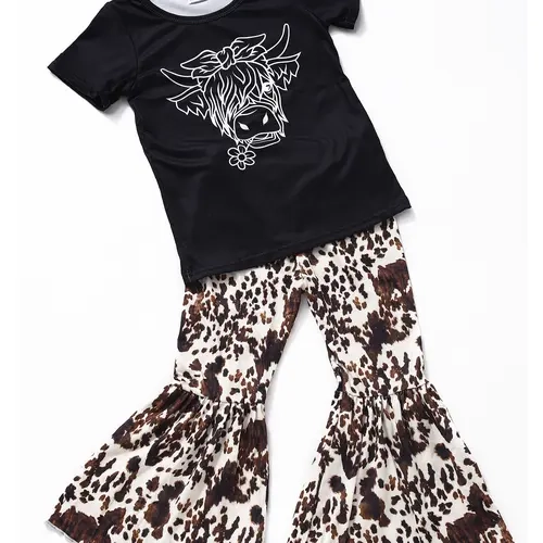 Cute Girls' Black Cow & Leopard Print Short-Sleeve Bell Pants 2-Piece Clothes Kids Set, Clothes Kids Sets