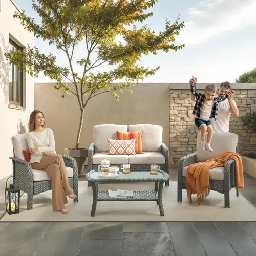 【Patio Furniture Sale】OVIOS 4-Piece Outdoor Wicker Conversation Set with High-Back Loveseat, Rattan Chairs & Coffee Table, All-Weather Cushioned Seating for Backyard, Porch & Deck, Outdoor Sofa Set