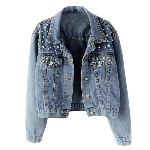 Hixiaohe Women's Cute Cotton Fabric Loose Embroidered Pearls Beaded Boxy Cropped Denim Jean Jacket, with Patch Pocket, Ideal for Party, Back to School Shopping