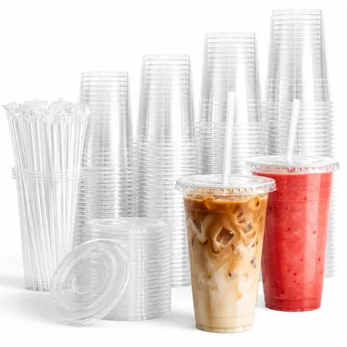 AISOON BPA-Free Multi-Size Disposable PET Drinkware Cups (50/100 Pcs) - 12/16/32 oz Plastic Party Cups with Flat Lids & Wrapped Straws for Business, Birthday Iced Coffee Supplies