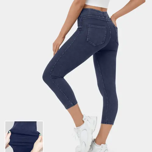Halara Flex High Waisted Back Side Pocket Stretchy Knit Denim Capri Casual Leggings