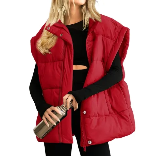 Hixiaohe Women's Solid Loose-Fitting Non-Stretch Quilted Padded Stand Collar Full-Zip Sleeveless Bubble Puffer Lightweight Vest, Plus Size Top with Drawstring, Side Pockets, Machine-Washable Outerwear for Gym, Outdoors