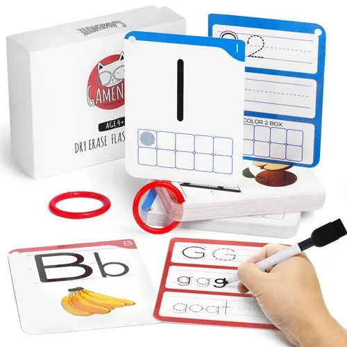 summerwins Laminated Dry Erase Alphabet & Number Learning Flash Cards - 52 Reusable Write-Wipe Cards with Guided Tracing, Waterproof Cardboard, Educational Language Toy for 10-12 Years Home Learning, With Box to Build Letters and Numbers Skills