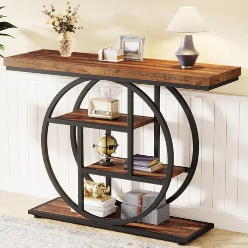 Tribesigns 41.3" Industrial Console Table: 4-tier Entryway Table with Circle Base, Narrow Accent Tables with Storage Shelves, Rustic Brown