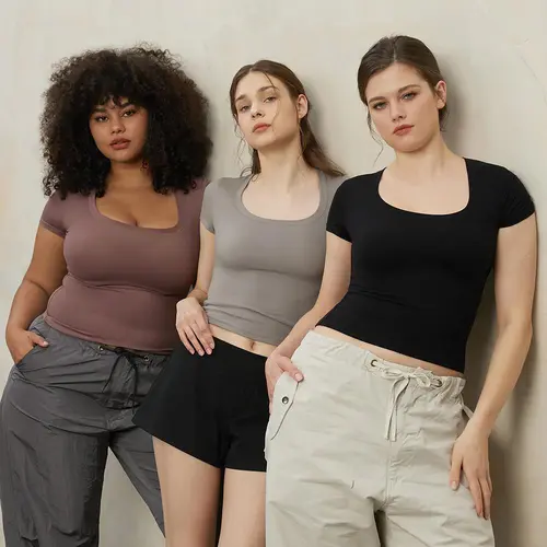 PUMIEY Snatched Fitted Tee, Flattering Wide Crew Neck T-Shirt, Double Layer Buttery Soft Stretch, Minimal Everyday Basic summerwins