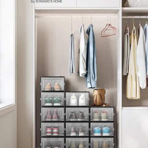SONGMICSHOME Plastic Collapsible Shoe Storage Boxes (12 or 18 Pcs) - PP+PS Body, Foldable Stackable Space Saver, White Closet Organizers for US Size 11 Shoes