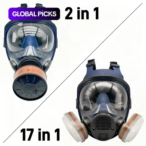 Reusable Silicone Full Face Anti-Fog Respirator Mask, 17-in-1 With Dual Cartridge or 2-in-1 With Canister, Gas, Organic Vapors, Dust, Chemical & Paint Spray Protection, for Painting, Woodworking, Construction, Sanding & DIY, Safety Gear #GLOBAL PICKS