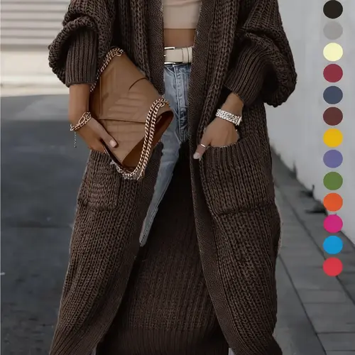 Women's Solid Drop Shoulder Long Cardigan, Womenswear Casual Long Sleeve Cardigan with Pockets, Ladies Drape Knitwear for Spring & Fall Daily Wear, Sweaters for Women #GLOBAL PICKS