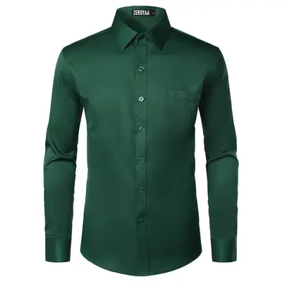 ZEROYAA Men's Beige Polyester Long Sleeve Button-Up Dress Shirt with Left Chest Pocket Urban Casual Business Slim Fit Tops Menswear