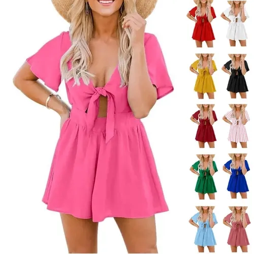 Imily Bela Womens Summer Short Rompers Sexy Cute Loose Tie Front Jumpsuit Casual V Neck Wide Leg Beach Overalls