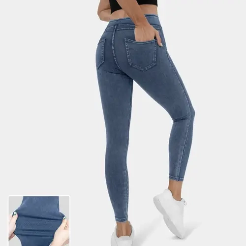 Halara Flex High Waisted Back Side Pocket Stretchy Knit Denim Casual Leggings