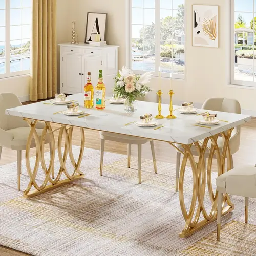 Tribesigns Modern Dining Table for 4-6 People, 63" Large Rectangular Kitchen Table with Faux Marble Tabletop and Gold Geometric Legs, Unique Dinner Table Kitchen & Dining Room Furniture(No Chairs))
