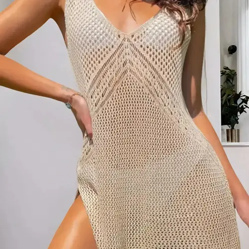Women's Plain Hollow Out Split Thigh Tie Back Sheer Tank Dress, Summer Clothes, Casual V Neck Sleeveless Cover Up Dress for Summer, Ladies Clothes for Beach Holiday, Beachwear Cover Up, Crochet Cover Up, V Neck Coverup