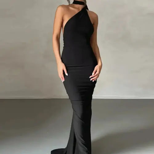 Women's Plain Ruched O-ring Backless Halter Neck Sleeveless Bodycon Knit Dress, Summer Clothes for Women, Womenswear, Elegance Style Maxi Dress for Evening Party Club Formal Wear
