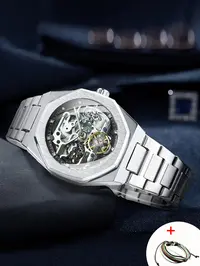 Men's Classic Business Rhinestone Decorated Analog Mechanical Watch, Fashionable Wristwatch for Men, Stylish Watch, Luminous Hands Watch for Party, Daily Clothing Decor, Watch for Birthday Gift with Box, Stainless Steel Wristwatch