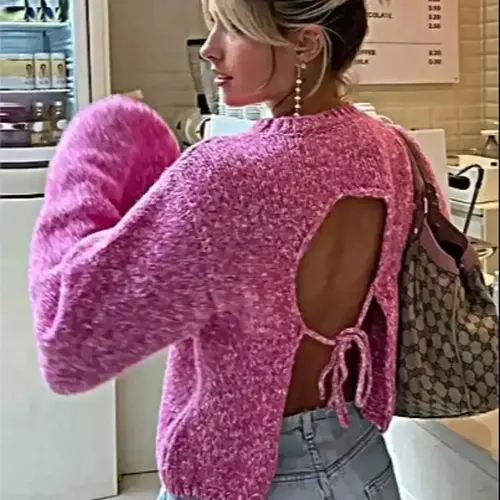 Women's Cut Out Backless Lantern Sleeve Round Neck Knitwear Sweater, Fashion Casual Fit Drop Shoulder Tie Back Jumper for Daily Outdoor Wear, Ladies Knit Top Piece for Spring & Fall, Knitting