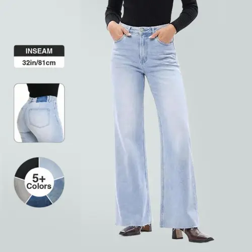 Joy Vogatiques BlueMoment Stretchy High Waist Wide Leg Jeans for Women Basic Denim Pants Raw Hem Underwear Trouser Lady Streetwear 8101 Minimalist Tummy Control BBL Baggy Curve Hugging