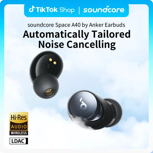 SOUNDCORE Wireless Earbuds Space A40 - Adaptive Active Noise Cancelling up to 98%, Multipoint Bluetooth 5.2, Transparency Mode, Hi-Res LDAC Audio, 50H Total Playtime, 10H Single Play, Wireless USB-C Charge