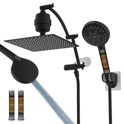 Hibbent All-Metal Brass 10-in Rain Showerhead Combo Pack - Wall Mount, 10 Spray Settings, High-Pressure Handheld, 16-in Adjustable Extension Arm, 20-Stage Shower Head Filter (Balances pH Levels), 71-in Hose, 144 Splash Jets, Durability-Focused