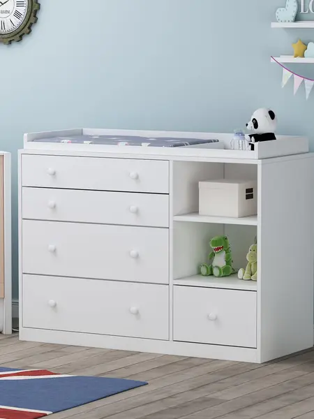 FUFU&GAGA Mother's Day gift Deborah Changing Table Dresser Antique White with Exposed Shelves,5 Exposed Drawers & Space for Changing Pad, High-Quality Engineered Wood