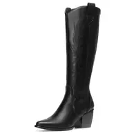 DREAM PAIRS Womens Cowboy Boots Wide Calf Comfortable Pull On Zipper Chunky Heel Pointed Toe Embroidered Western Cowgirl Knee High Boots Ladies Retro Tall Boot