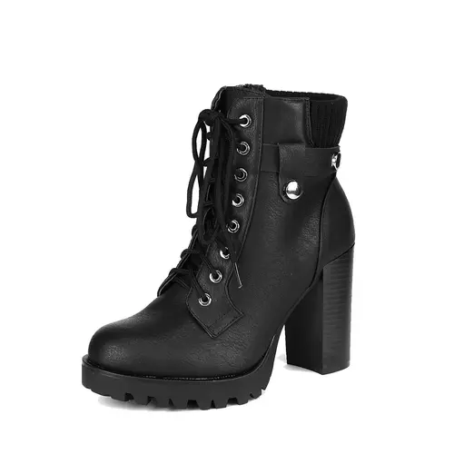 Dream Pairs Women's Fashion Heeled Booties - 4 in Chunky 0.75" Platform, Lace-Up Ankle-Length, Side Zipper, Comfortable Heels, Casual Shoes for Women