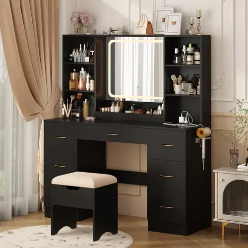 47-inch White LED Lighted Blake Makeup Vanity Desk with Mirror - Tabletop, 3 LED Modes, Stool, 7 Drawers, Power Outlet, Safety Features, Charging Station, 2 USB + 2 Plugs, Hair Dryer Rack, Bedroom Furniture for Organizing - Luxury Gift for Women