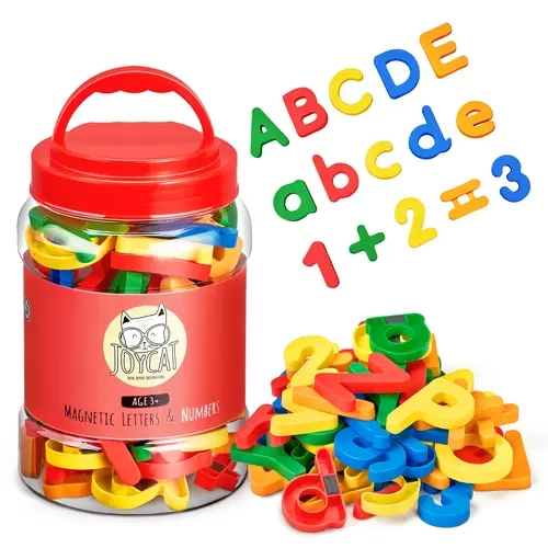 JoyCat Magnetic Letters and Numbers Fridge Magnet Toyset - 78 Pcs Resilient Unisex Preschool Learning Toy (1.2In-1.5In ABC Upper/Lowercase, 6 Math Symbols, Matte Safe Grip, Colorful), Travel-Friendly Gift Box for Kids 3+ (Spelling & Counting Focus)