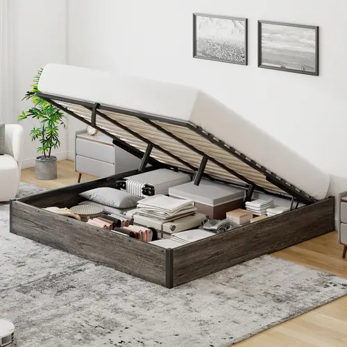 AMERLIFE Gas Lift-Up Storage Platform Bed Frame - Industrial Rustic Furniture Bedroom Space Saver, Heavy-Duty Metal + Wood Frame with Wooden Slat Support, Anti-Slip Base, No Box Spring Needed, Max 1000lbs, Noise-Free, Easy Setup, Durable Gift Idea#TikTokS