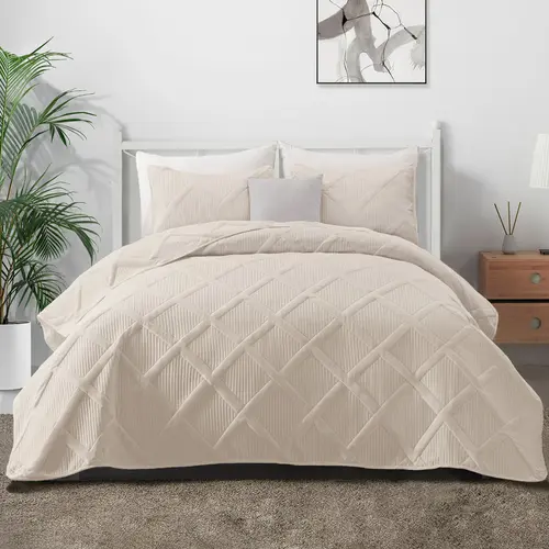 【dealsforyou】Exclusivo Mezcla Ultrasonic Quilt Set, 2/3 Pieces Quilt with Pillow Shams, Lightweight Bedspreads Modern Striped Coverlet Set for All Seasons