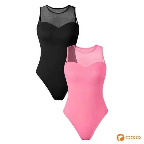OQQ-Nine cents 2 Piece Bodysuits For Women Sexy Crew Neck Mesh Stretch Tank Tops Bodysuits Soft Stretchy Womenswear Underwear