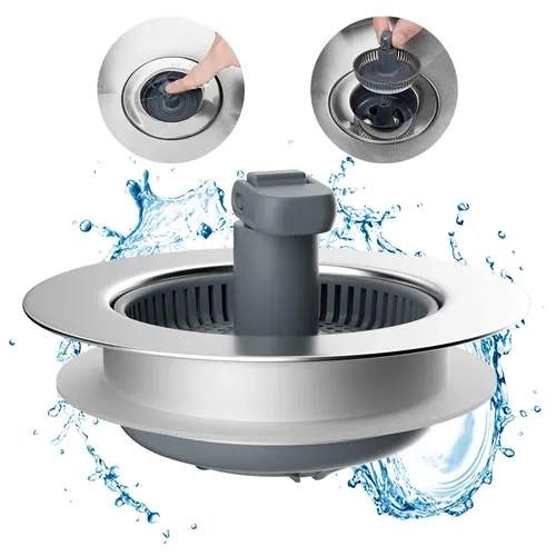 Hibbent 3-in-1 Chrome Wrap Stainless Steel Sink Strainer-Stopper Combo for Kitchens, Anti-Clogging Basket, Foldable Handle, Easy-Clean Drain Cover, Lightweight, Water Storage, Heat Resistant, US Std Fit for 3-1/2" Drains (2.76"-3.38" Width, >1.8" Depth),