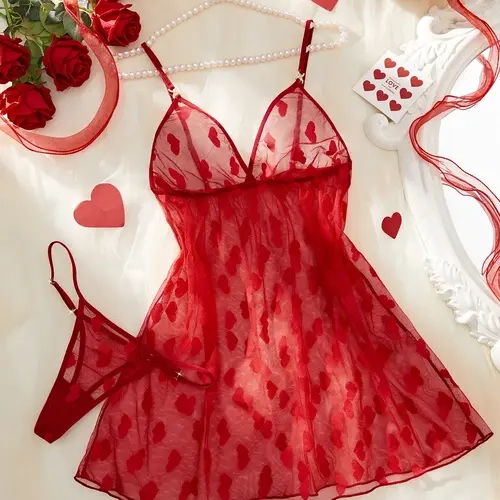 Women's 2-Piece Sleeveless Heart Print Lettuce Trim Sheer Cami Nightdress & Thong Underwear Set, Breathable Soft Sleepwear Loungewear, Casual Adjustable Straps Lingerie, Homewear for Summer, Soft Nightwear Loungewear, Hand Wash Only