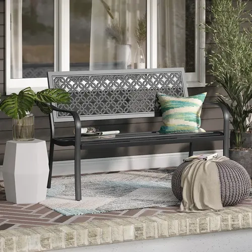 GRAND PATIO 2-Person Modern Iron Outdoor Garden Bench - Anti-Rust Steel Frame, Floral Lattice Backrest, Fixed Arms, Easy Assembly Required, 660 lbs Capacity, 49.50in(L)x24.00in(W)x34.00in(H) Heavy-Duty Patio Furniture for Porch, Courtyard