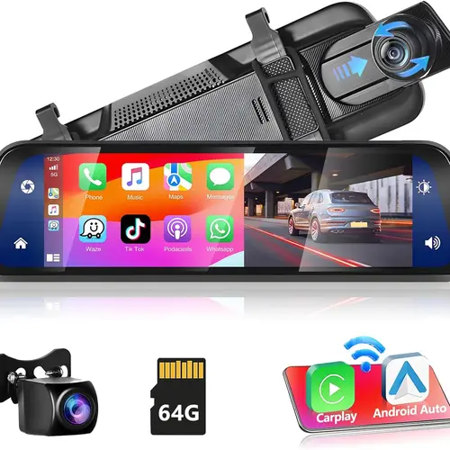 9.66in IPS Touchscreen Wireless Carplay Android Auto Dual Camera Dash Cam for Vehicle, 1080p Full HD Front & Rear View, 64G Card, Loop Recording, Voice Control, FM/AUX Audio Out, 24H Parking Monitor, Car Electronics Accessory