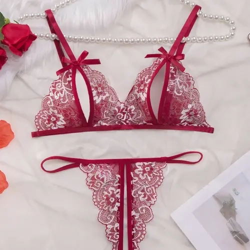 Women's 2pcs Bow Decor Sheer Floral Lace Lingerie Set, Elegant Adjustable Strap Bra & Crotchless Thong Underwear Set, Soft Comfy Breathable Sexy Lingerie Set for All Seasons Bra Sets