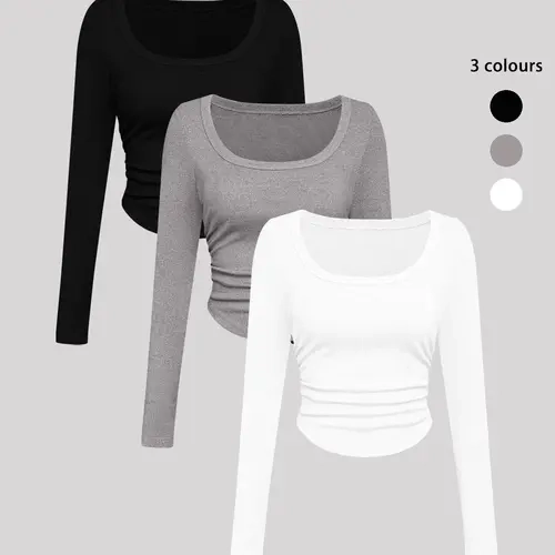 Women's Casual Slim Fit Long Sleeve Top Set, Ruched Design Knitwear, Plain Color Daily Wear, All-Season Comfortable Clothing, Soft Casual Pullover
