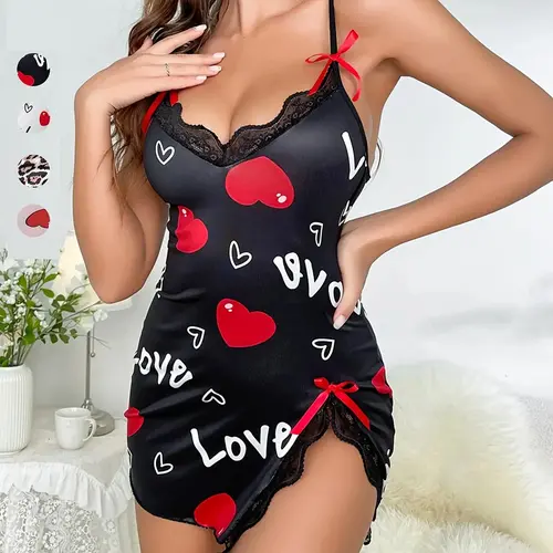 Women's Casual Fitted Sleepwear Nightgown, Heart Pattern, Lightweight Fabric, Adjustable Straps, Soft Material, All Seasons, Romantic Gift, Fitted Sleeveless Nightdress
