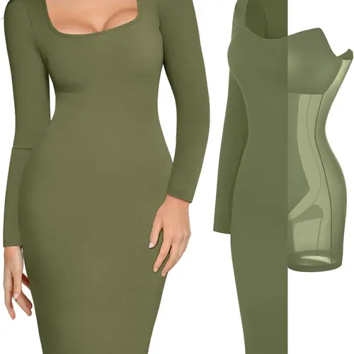 Popilush Tummy Control Shapewear Dress - Longsleeves Midi Casual Classy Elegant Women's Lounge Dress, Women's Underwear