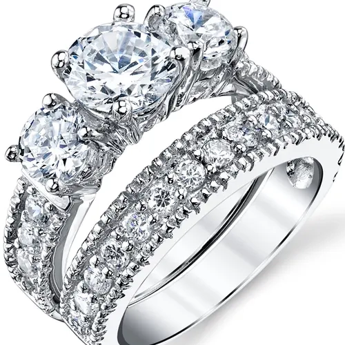 Women's 2-Piece 925 Solid Sterling Silver Wedding Ring Sets - 3.4Ct 10mm Round Cut Artificial Zircon Engagement & Matching Band, 2 Carat Statement Ring, Complimentary Gift Box (Total Weight Included)