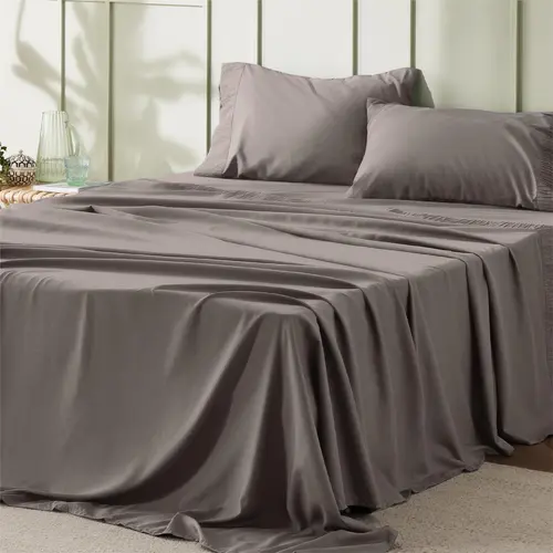 Bedsure Cal King Bedsheet Sets - 4-Piece Solid Ivory/Light Grey Silky Microfiber Plain Weave, 14" Deep Pocket, Breathable, Soft, Machine Washable, Durable, Ruched Hems, Fresh Sheets, Hotel Quality Bedding