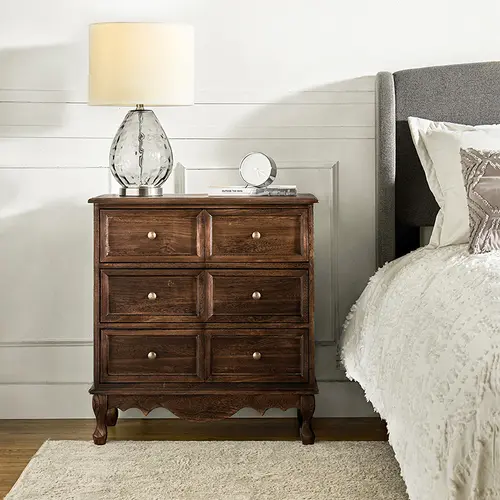 Hulala Galatea 30'' Tall Nightstand 3-Drawer Farmhouse Cabinet/End Table with Built-in Power Strip, Faux Six-Drawer, Solid Wood Legs & Adjustable Feet, Accent Storage Cabinet, Room Decor