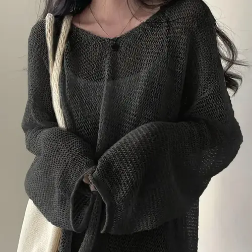 【Black Friday】Women's Basic Solid Hollow Out Drop Shoulder Loose Knitted Sweater, Boho Long Sleeve Jumper for Spring & Fall, Soft & Loose Fit Knit Casual Top