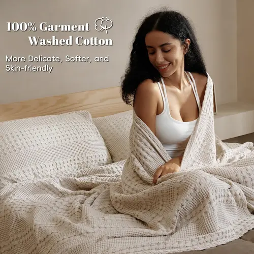 【Summer wins】PHF 100% Cotton Weave Waffle Blanket, Aesthetic Soft Lightweight and Breathable Blanket for Bed Sofa Home Decor for Spring and Summer, Luxury Aesthetic, Ideal Gift