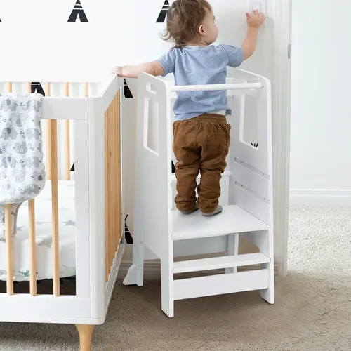 Wooden Kids Step Stool - Adjustable Kitchen Tower with 2-Height Footrest Boost, Safety Rounded Edges, Convenience for 11-12 Years & Toddlers, Home Use Furniture Requiring Assembly